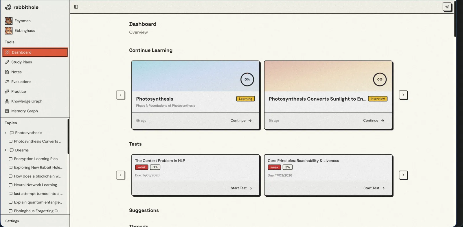 Rabbithole dashboard showing active topics, tests, and learning progress