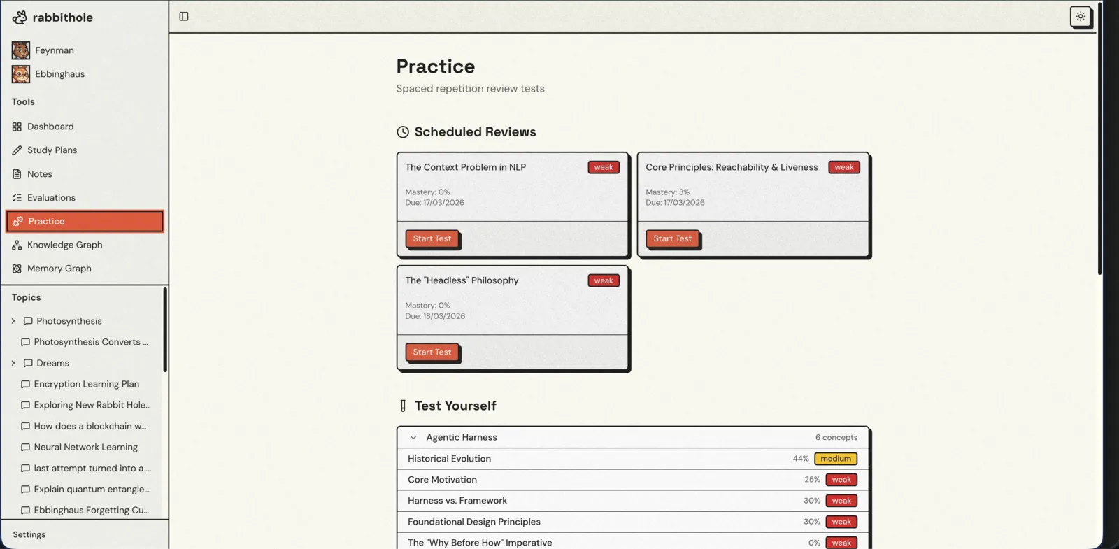 Practice page with scheduled reviews