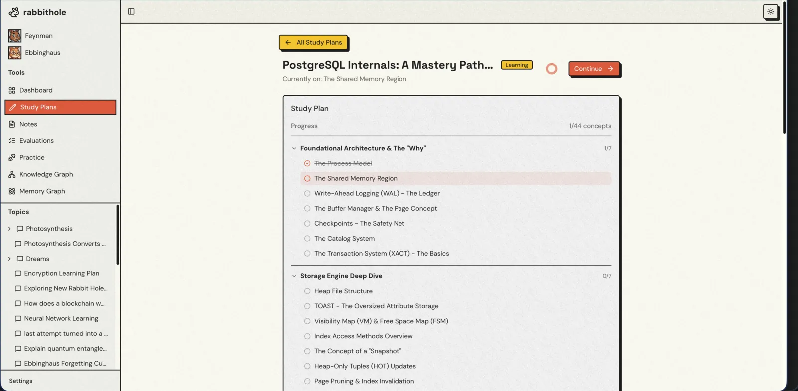 Structured study plan with phases, concepts, and progress